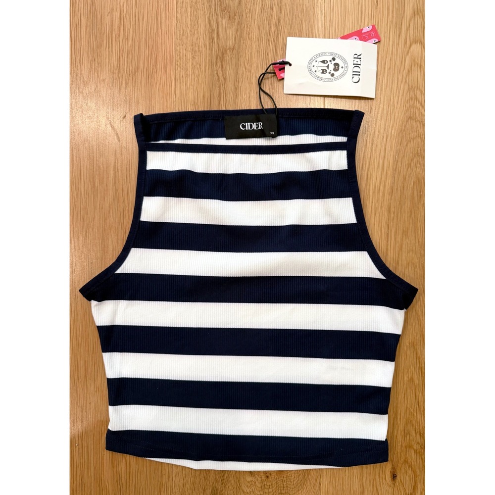 NWT Cider Boat Neck Striped Crop Ribbed Tank Top Navy & White XS